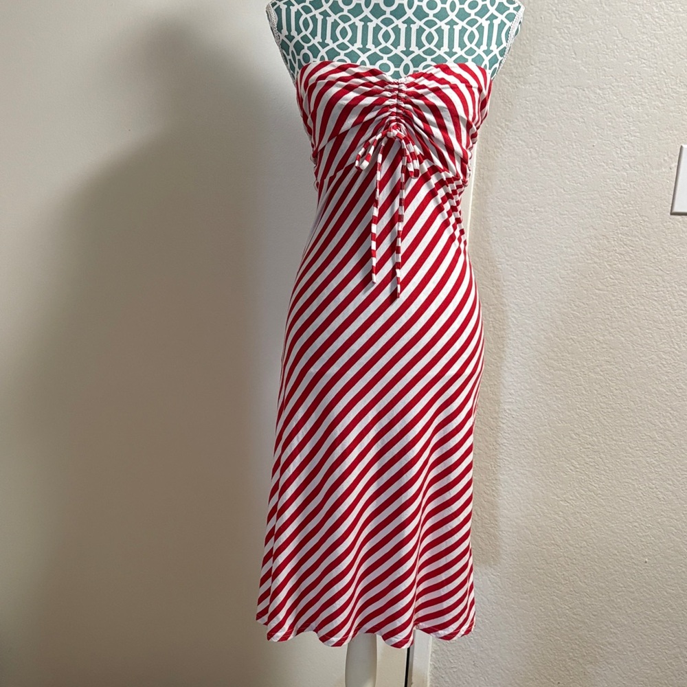 bebe Red and White Diagonal Stripe Strapless Dress